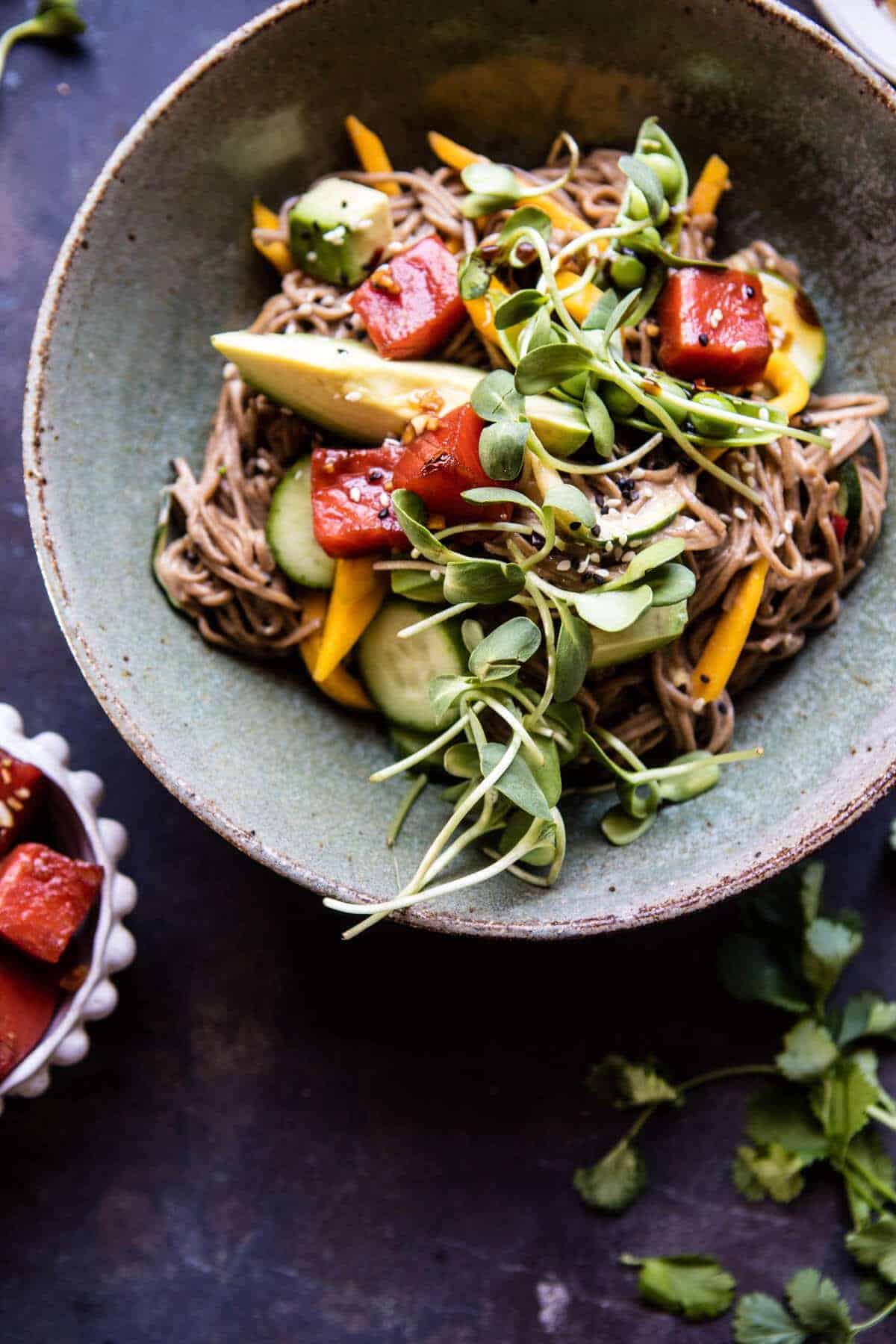Mango Avocado Soba Noodles with Sesame Salmon Poke | halfbakedharvest.com @hbharvest