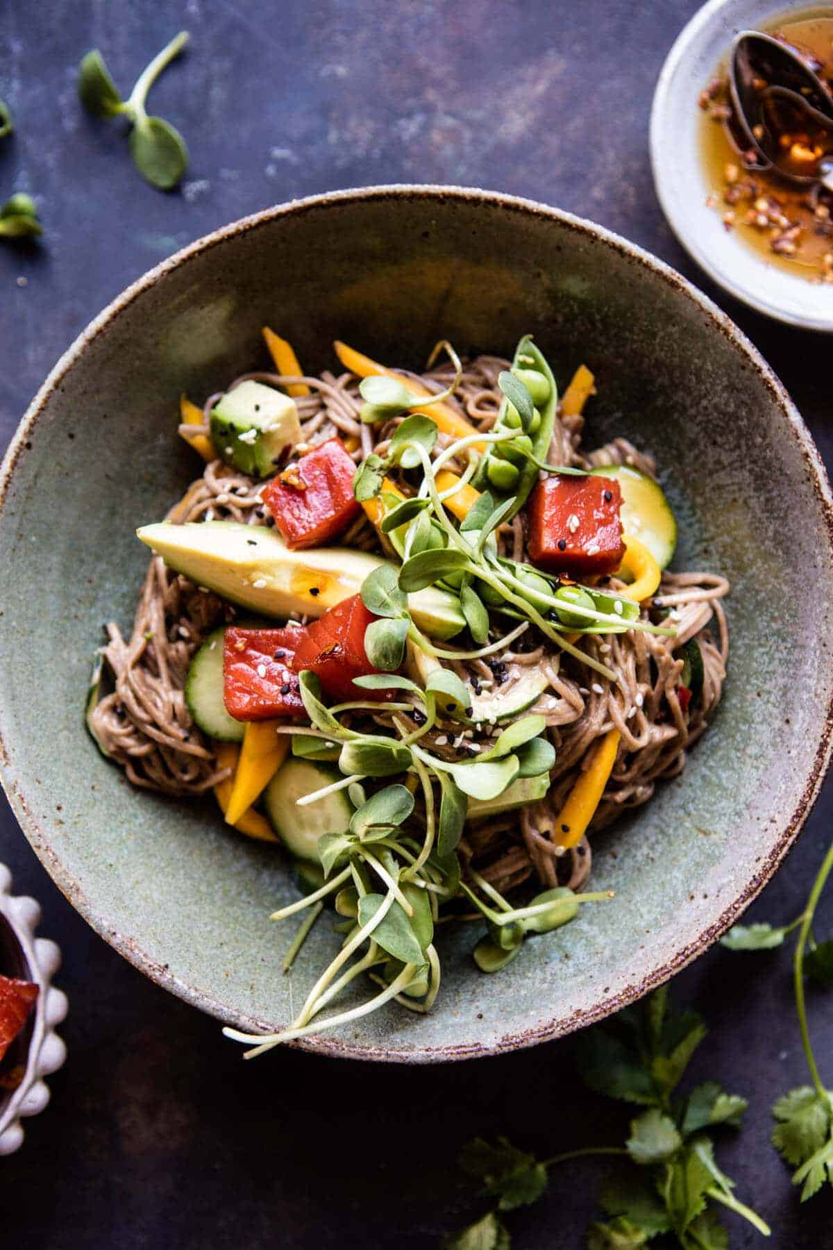 Mango Avocado Soba Noodles with Sesame Salmon Poke | halfbakedharvest.com @hbharvest