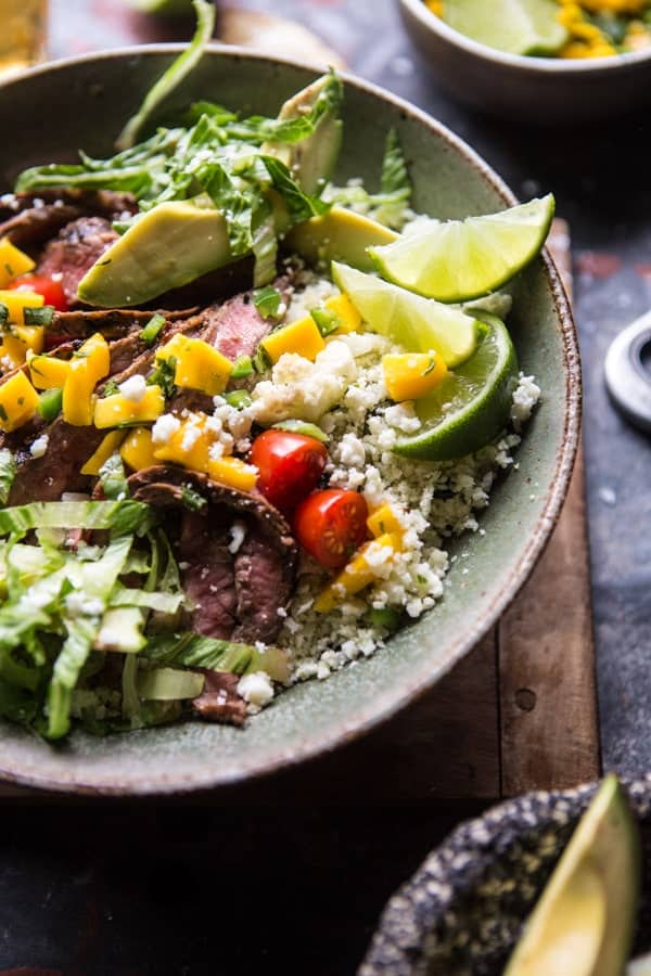 Cauliflower Rice Carne Asada Bowls with Mango Salsa | halfbakedharvest.com @hbharvest