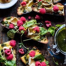Honey Raspberry Brie Crostini with Basil Oil | halfbakedharvest.com @hbharvest