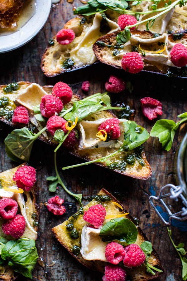Honey Raspberry Brie Crostini with Basil Oil | halfbakedharvest.com @hbharvest