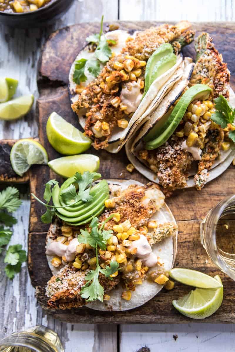 Cheesy Zucchini Roasted Corn Tacos With Mango Salsa Verde | halfbakedharvest.com @hbharvest