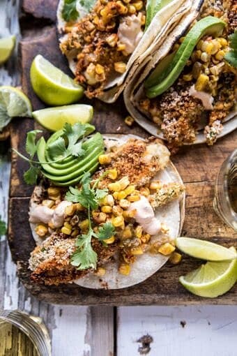 Cheesy Zucchini Roasted Corn Tacos With Mango Salsa Verde | halfbakedharvest.com @hbharvest