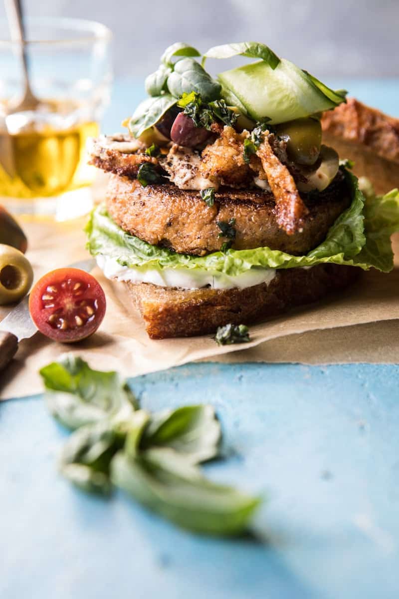 Greek Roasted Cauliflower Burgers with Pan Fried Feta and Tomato Olive Salsa | halfbakedharvest.com @hbharvest