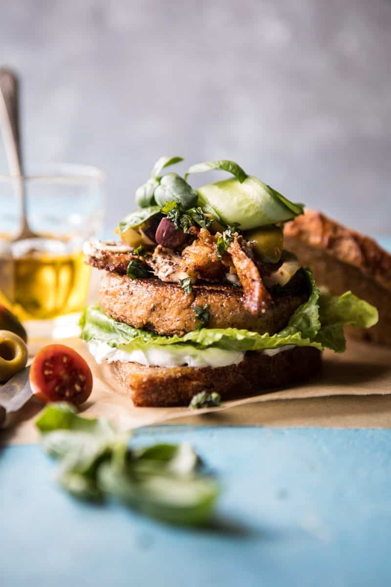 Greek Roasted Cauliflower Burgers with Pan Fried Feta and Tomato Olive Salsa | halfbakedharvest.com @hbharvest