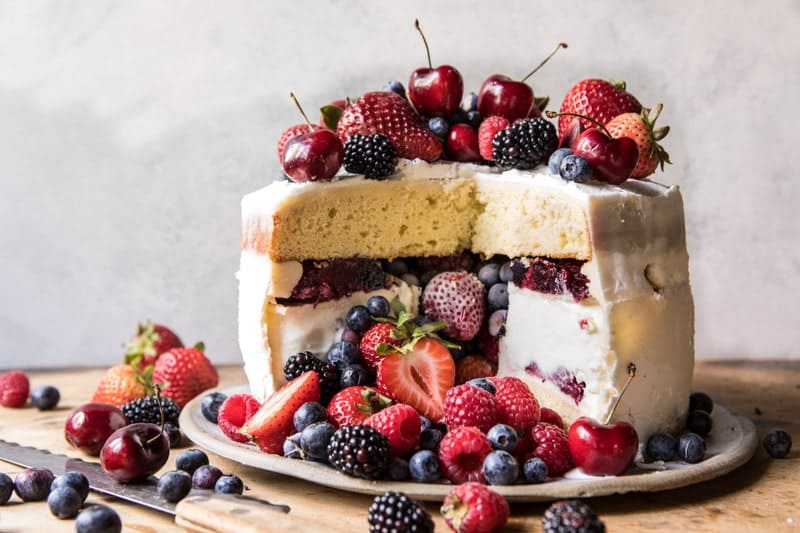 Triple Layer Roasted Berry Piñata Ice Cream Cake | halfbakedharvest.com @hbharvest