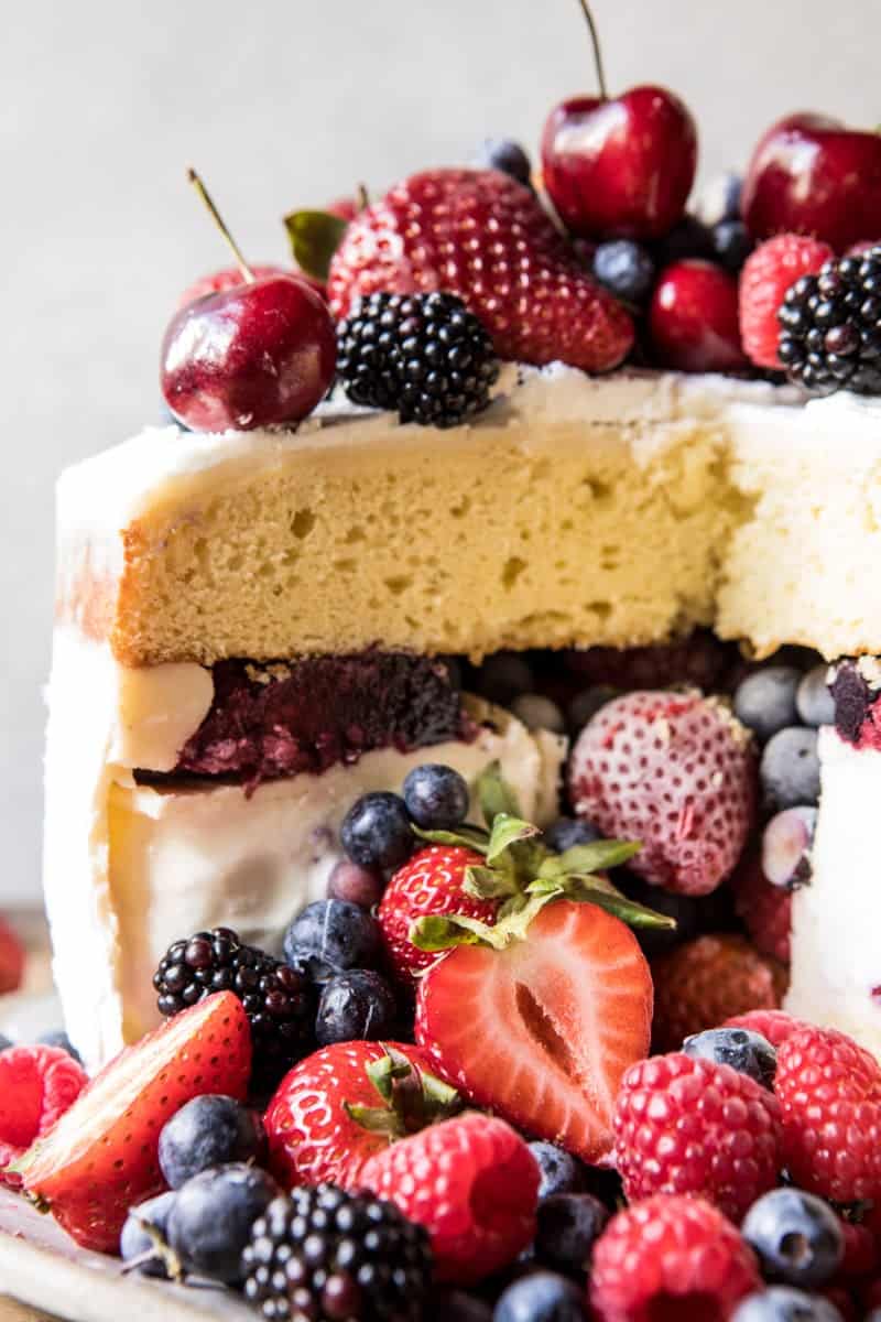 Triple Layer Roasted Berry Piñata Ice Cream Cake | halfbakedharvest.com @hbharvest