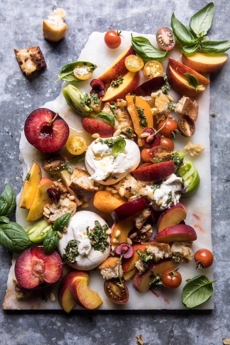 Tuscan Summer Stone Fruit, Tomato, and Burrata Panzanella Salad | halfbakedharvest.com @hbharvest