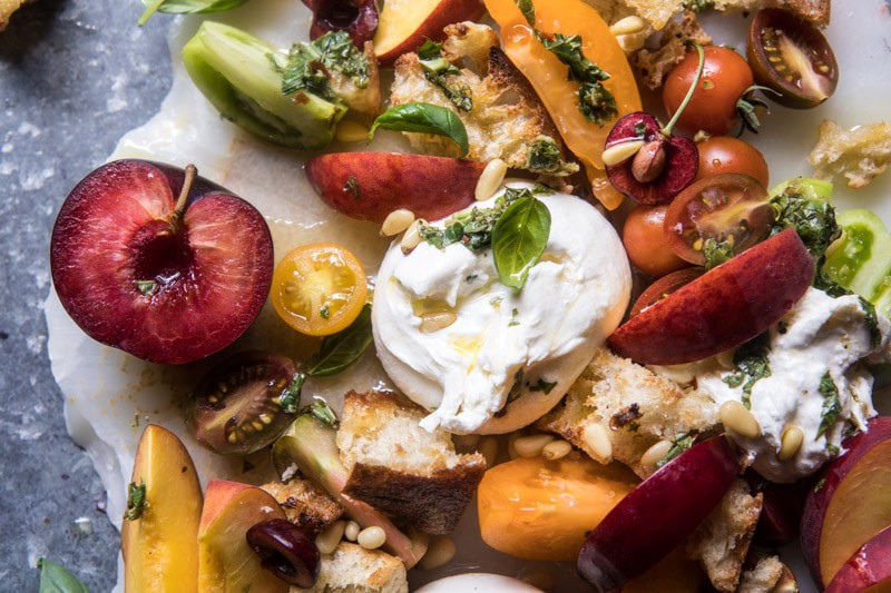 Tuscan Summer Stone Fruit, Tomato, and Burrata Panzanella Salad | halfbakedharvest.com @hbharvest