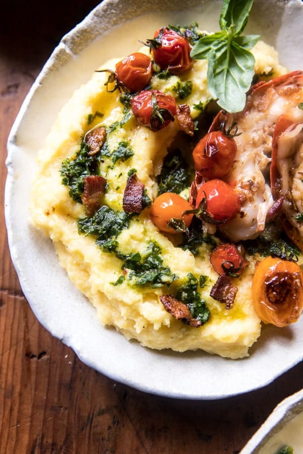 Brown Butter Lobster with Kale Pesto Polenta and Cherry Tomato Bacon Pan Sauce | halfbakedharvest.com @hbharvest