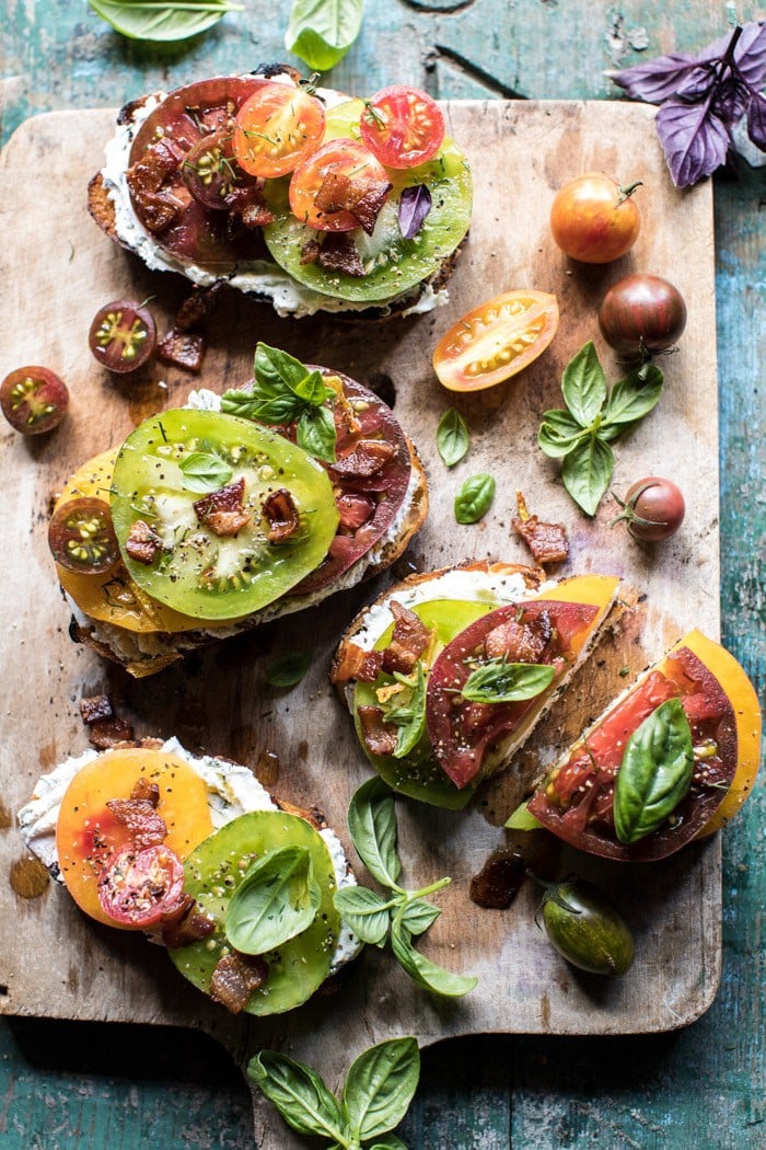 Opened Faced Tomato and Goat Cheese Sandwich with Hot Bacon Vinaigrette | halfbakedharvest.com @hbharvest