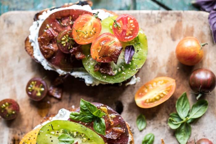 Opened Faced Tomato and Goat Cheese Sandwich with Hot Bacon Vinaigrette | halfbakedharvest.com @hbharvest