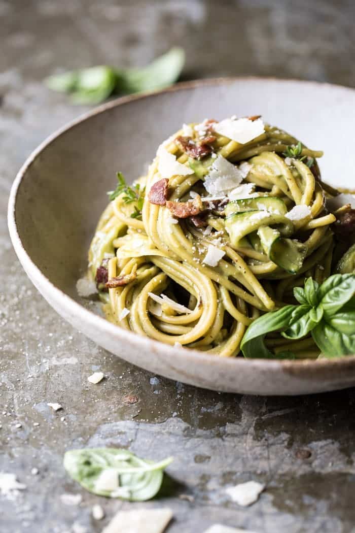 Avocado Zucchini Carbonara Pasta | halfbakedharvest.com @hbharvest