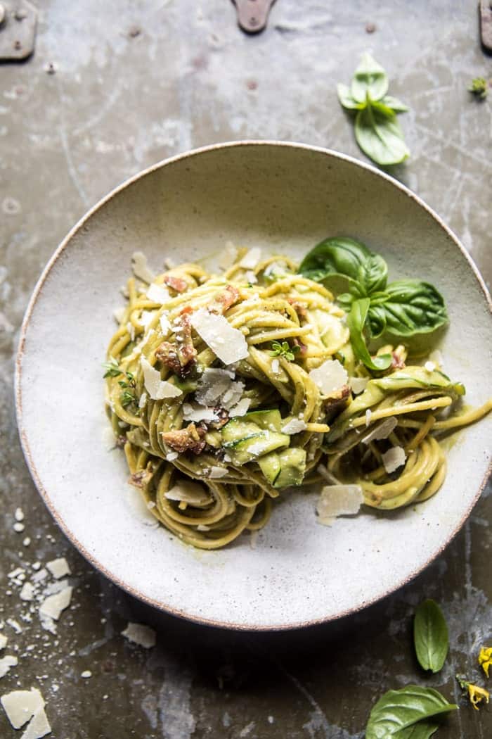 Avocado Zucchini Carbonara Pasta | halfbakedharvest.com @hbharvest