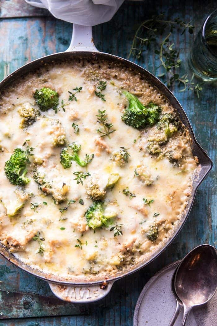 overhead photo of Chicken Broccoli Cheddar Quinoa Casserole