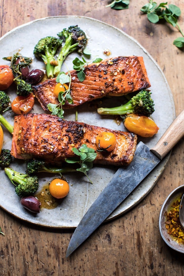 Sicilian Style Salmon with Garlic Broccoli and Tomatoes | halfbakedharvest.com @hbharvest