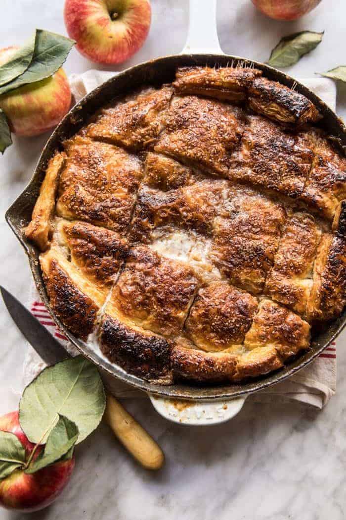 overhead photo of Honeycrisp Apple Pandowdy in skillet