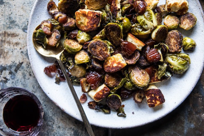 Pan Roasted Brussels Sprouts with Bacon, Dates and Halloumi | halfbakedharvest.com @hbharvest