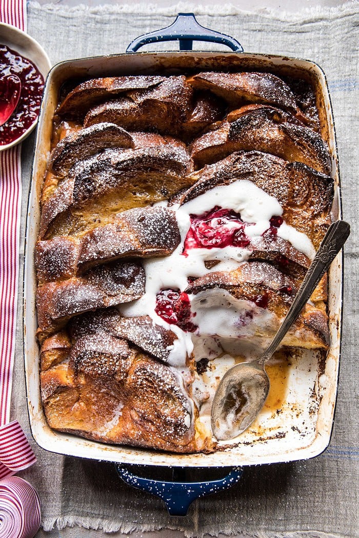 Baked Cinnamon Creme Brulee French Toast with Raspberry Preserves | halfbakedharvest.com @hbharvest