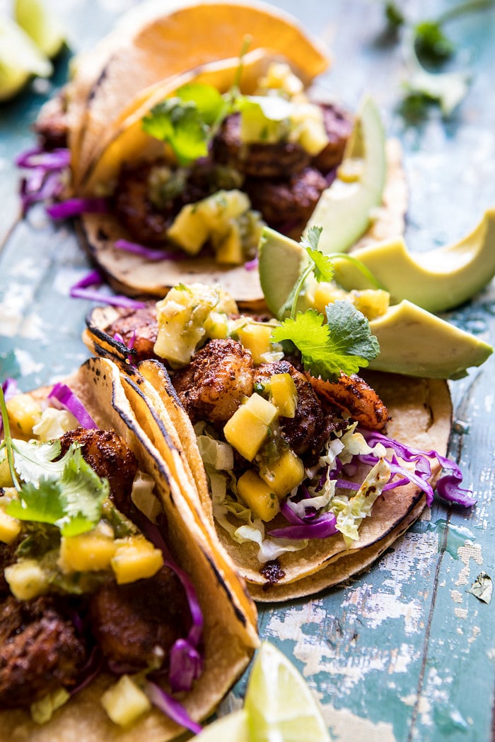 20 Minute Caribbean Shrimp Tacos with Roasted Jalapeño Pineapple Salsa | halfbakedharvest.com #tacos #shrimp #healthy #quick