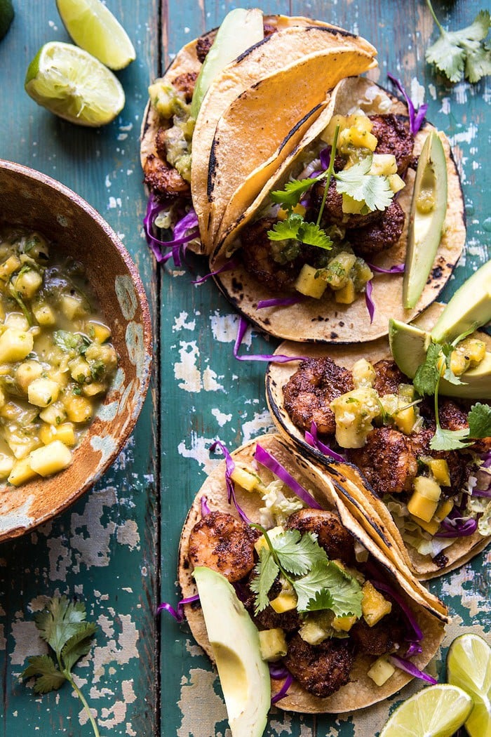 20 Minute Caribbean Shrimp Tacos with Roasted Jalapeño Pineapple Salsa | halfbakedharvest.com #tacos #shrimp #healthy #quick
