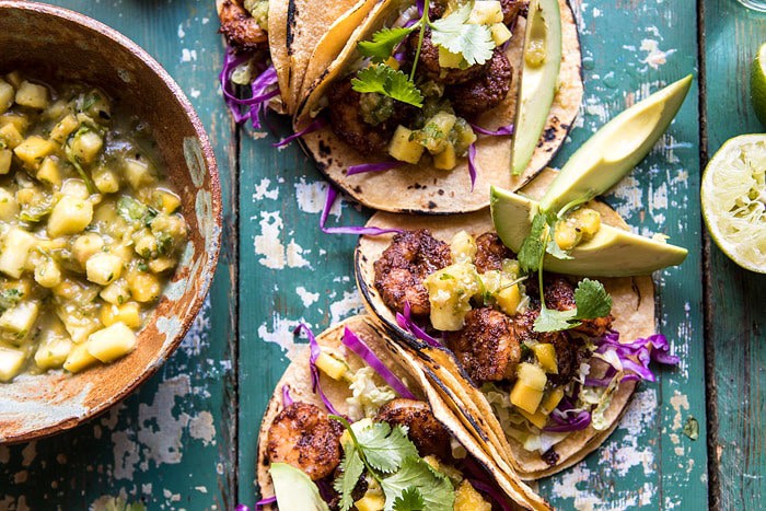 20 Minute Caribbean Shrimp Tacos with Roasted Jalapeño Pineapple Salsa | halfbakedharvest.com #tacos #shrimp #healthy #quick