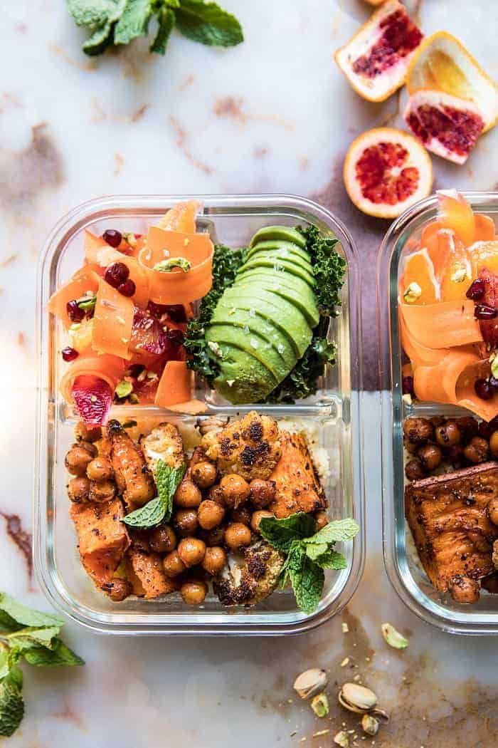 Meal Prep Moroccan Chickpea, Sweet Potato, and Cauliflower Bowls | halfbakedharvest.com #mealprep #vegan #indian #healthy #sheetpan