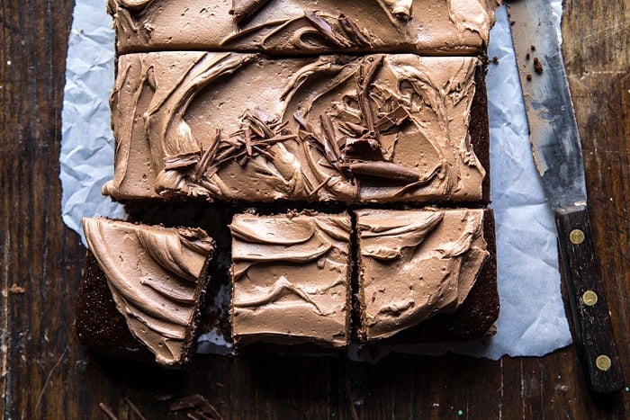 One Bowl Chocolate Sheet Cake with Milk Chocolate Fudge Frosting | halfbakedharvest.com #cake #chocolate #birthday #valentinesday