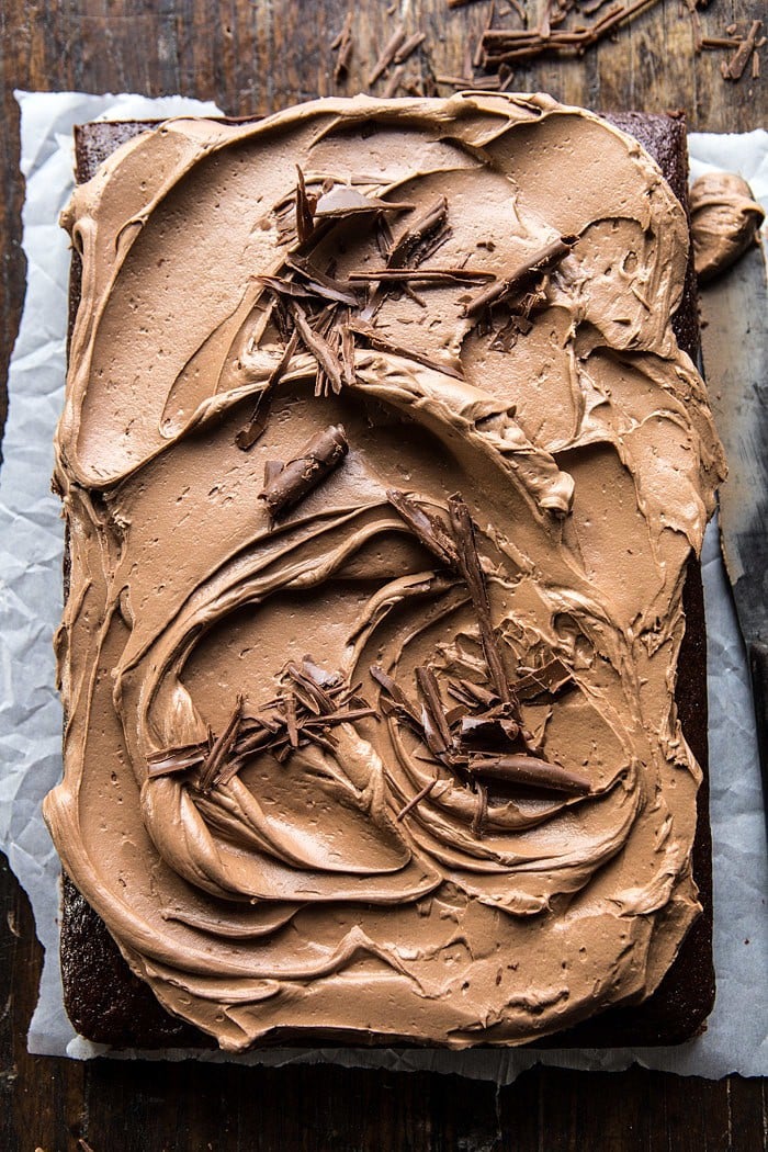 One Bowl Chocolate Sheet Cake with Milk Chocolate Fudge Frosting | halfbakedharvest.com #cake #chocolate #birthday #valentinesday