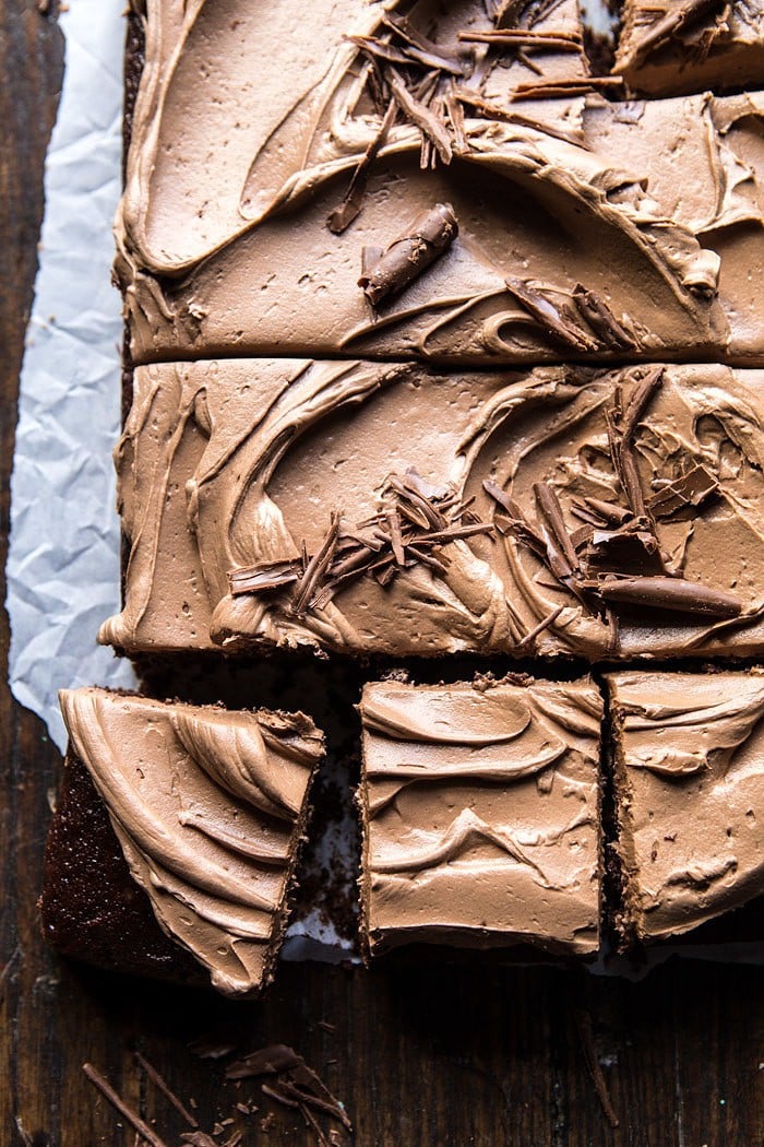One Bowl Chocolate Sheet Cake with Milk Chocolate Fudge Frosting | halfbakedharvest.com #cake #chocolate #birthday #valentinesday