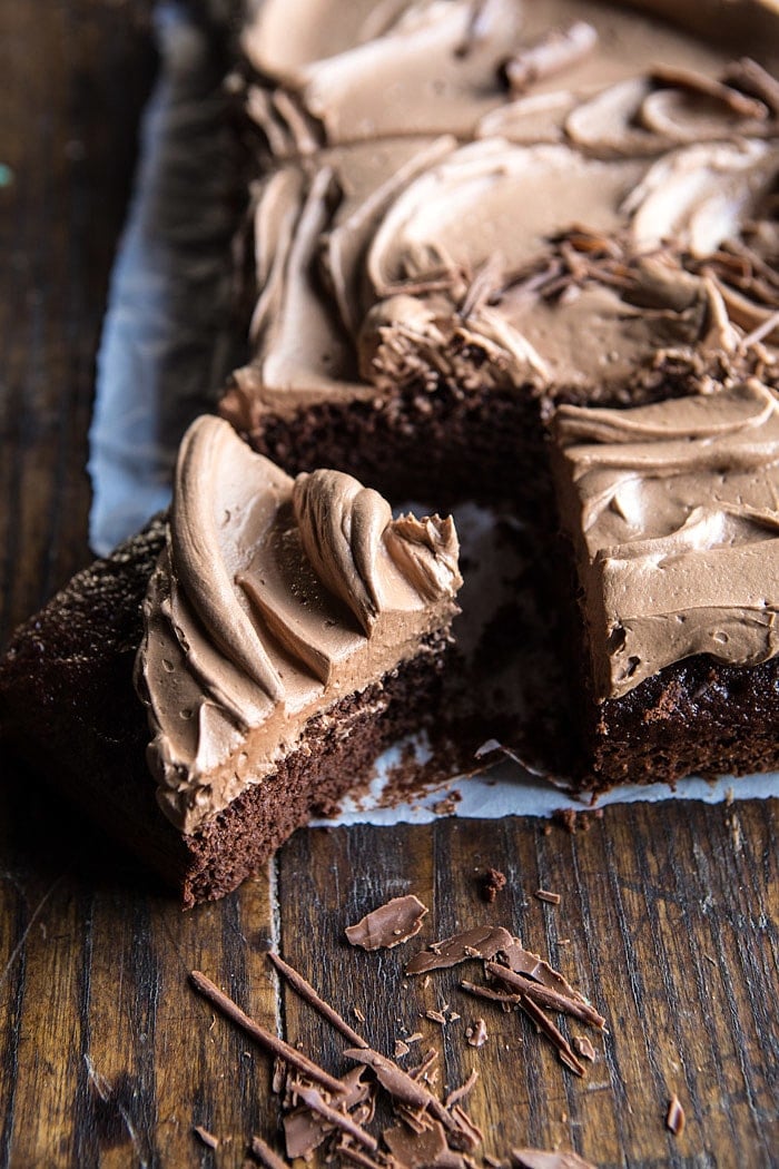 One Bowl Chocolate Sheet Cake with Milk Chocolate Fudge Frosting | halfbakedharvest.com #cake #chocolate #birthday #valentinesday