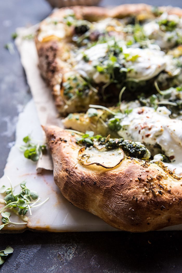 Pesto Potato and Burrata Pizza | halfbakedharvest.com #pizza #easy #recipes #spring