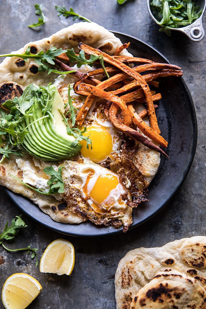 Ricotta Naan with Fried Egg and Sweet Potato Fries | halfbakedharvest.com #brunch #recipes #healthy