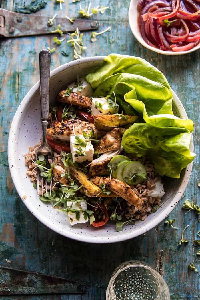 Roasted Greek Chicken and Farro Salad with Oven Fries #healthy #salad #Greek #chicken #easy