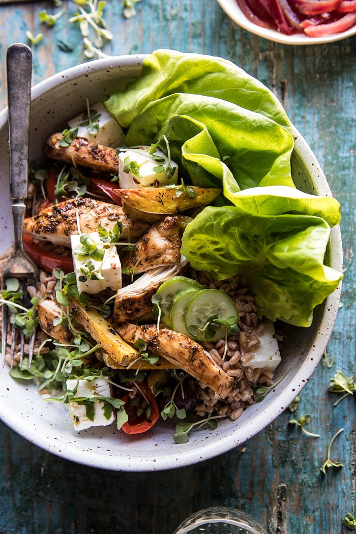 Roasted Greek Chicken and Farro Salad with Oven Fries #healthy #salad #Greek #chicken #easy