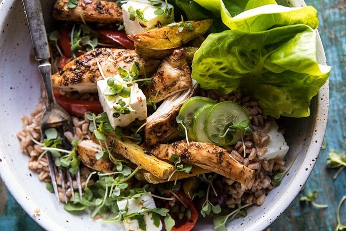 Roasted Greek Chicken and Farro Salad with Oven Fries #healthy #salad #Greek #chicken #easy