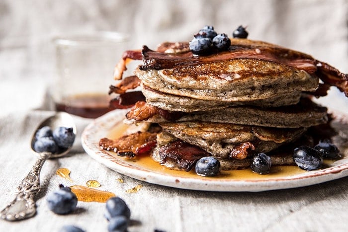 Rye Bacon Pancakes with Blueberries | halfbakedharvest.com #pancakes #brunch #bacon #recipes