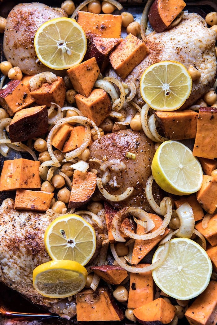 Sheet Pan Harissa Chicken with Chickpeas and Sweet Potatoes | halfbakedharvest.com #sheetpan #easy #dinner #chicken