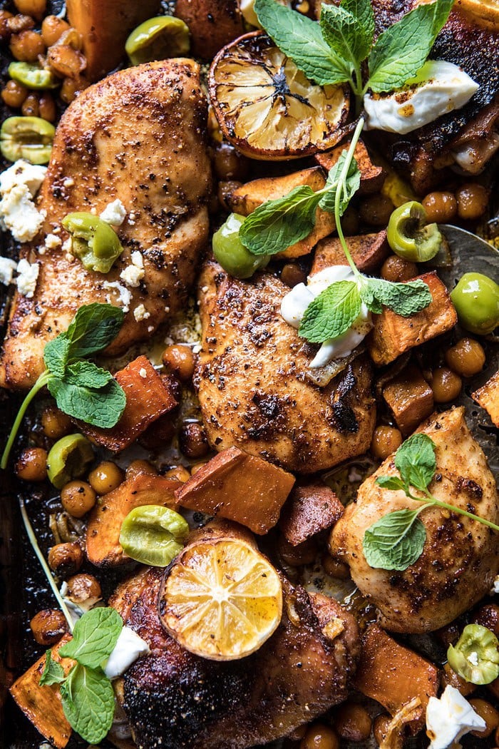 Sheet Pan Harissa Chicken with Chickpeas and Sweet Potatoes | halfbakedharvest.com #sheetpan #easy #dinner #chicken
