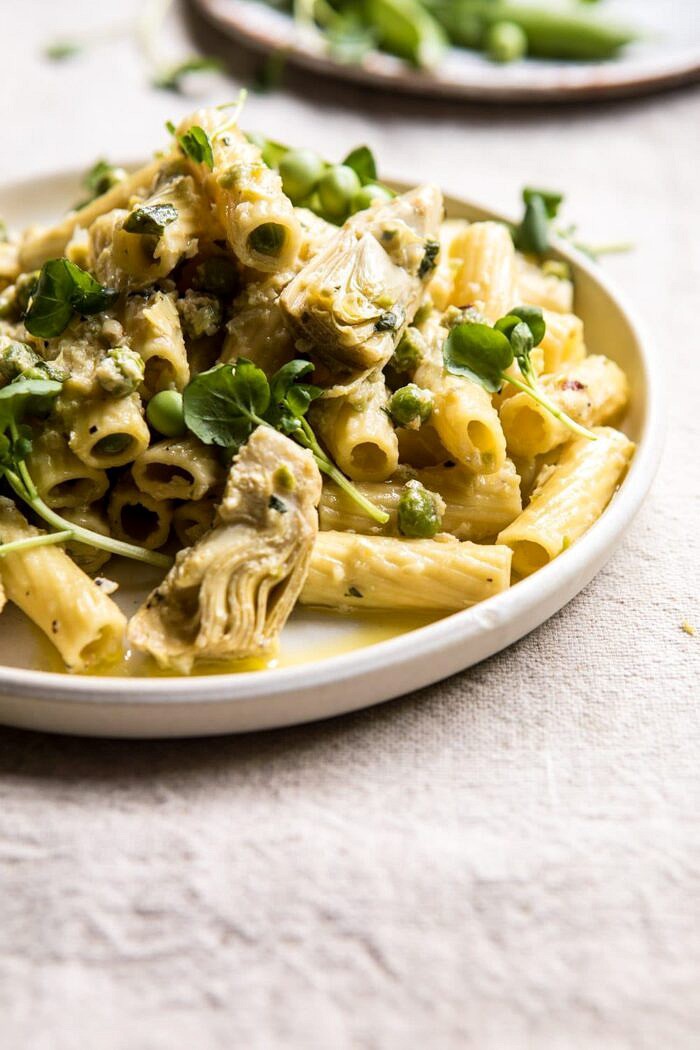 30 Minute Artichoke and Pea Rigatoni Pasta | halfbakedharvest.com #pasta #spring #artichokes #recipes