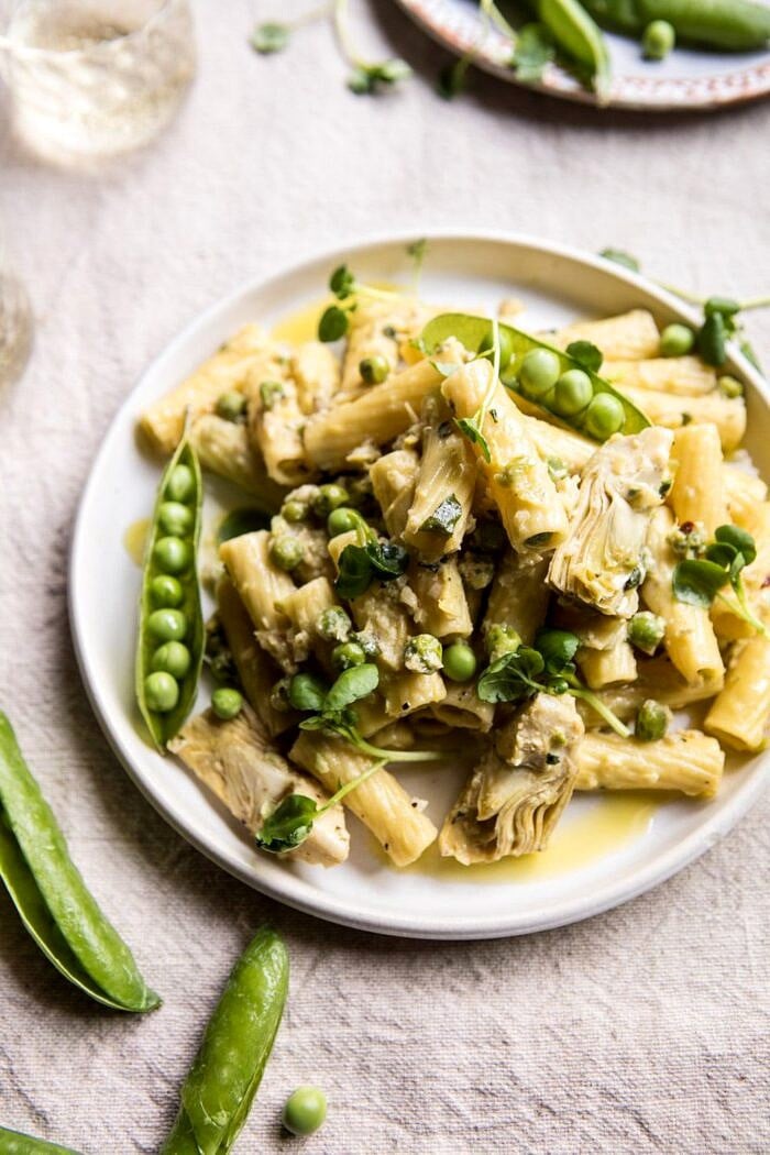 30 Minute Artichoke and Pea Rigatoni Pasta | halfbakedharvest.com #pasta #spring #artichokes #recipes