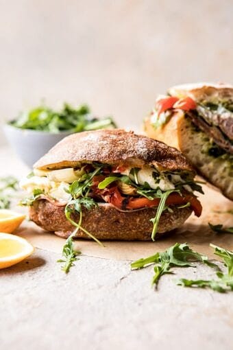 Antipasto Mozzarella Sandwich with Lemony Basil Pesto | halfbakedharvest.com #sandwich #italian #spring #summer #recipes