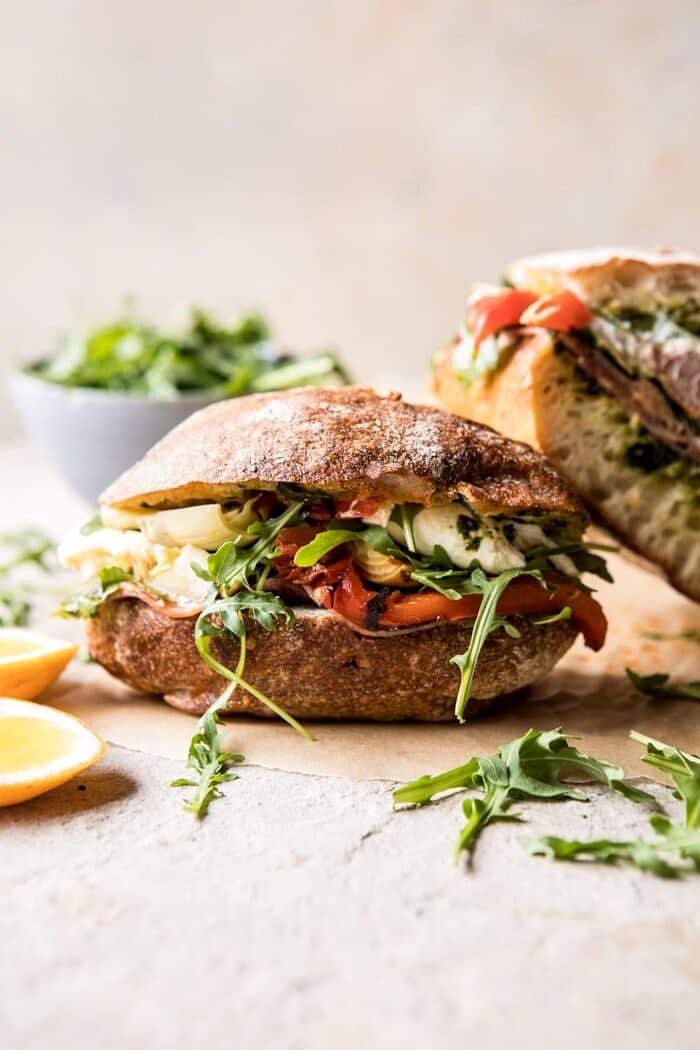 Antipasto Mozzarella Sandwich with Lemony Basil Pesto | halfbakedharvest.com #sandwich #italian #spring #summer #recipes