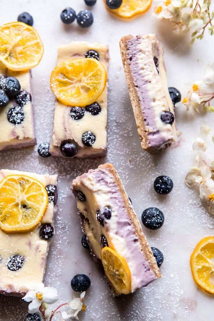 Blueberry Lemon Cheesecake Bars with Candied Lemon | halfbakedharvest.com #spring #easter #cheesecake #dessert