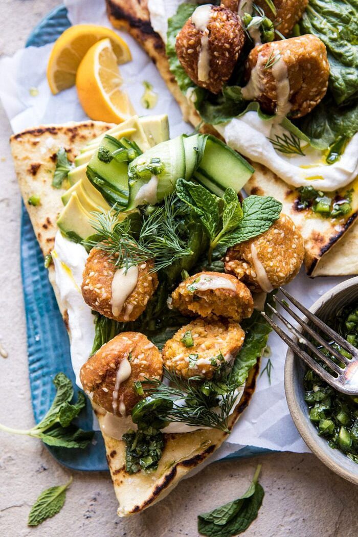 Sesame Falafel with Ginger Tahini and Jalapeño Sauce | halfbakedharvest.com #greek #healthy #recipes