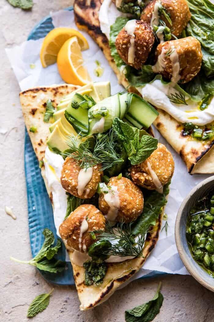 Sesame Falafel with Ginger Tahini and Jalapeño Sauce | halfbakedharvest.com #greek #healthy #recipes