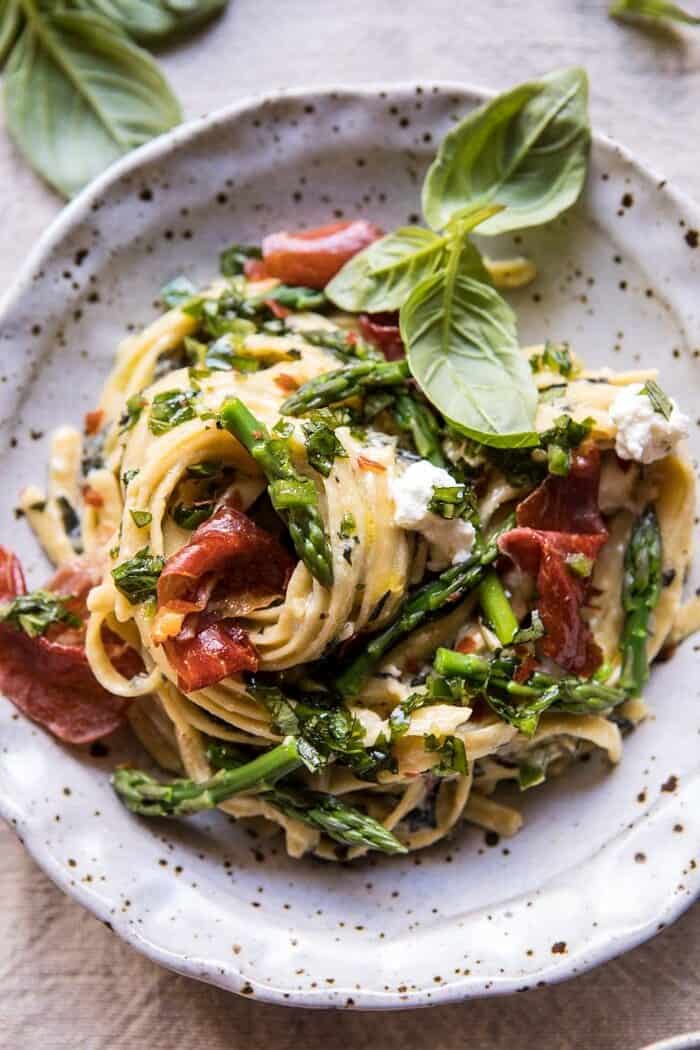 Spicy Pesto, Asparagus, and Ricotta Pasta with Crispy Prosciutto | halfbakedharvest.com #pasta #recipes #quick