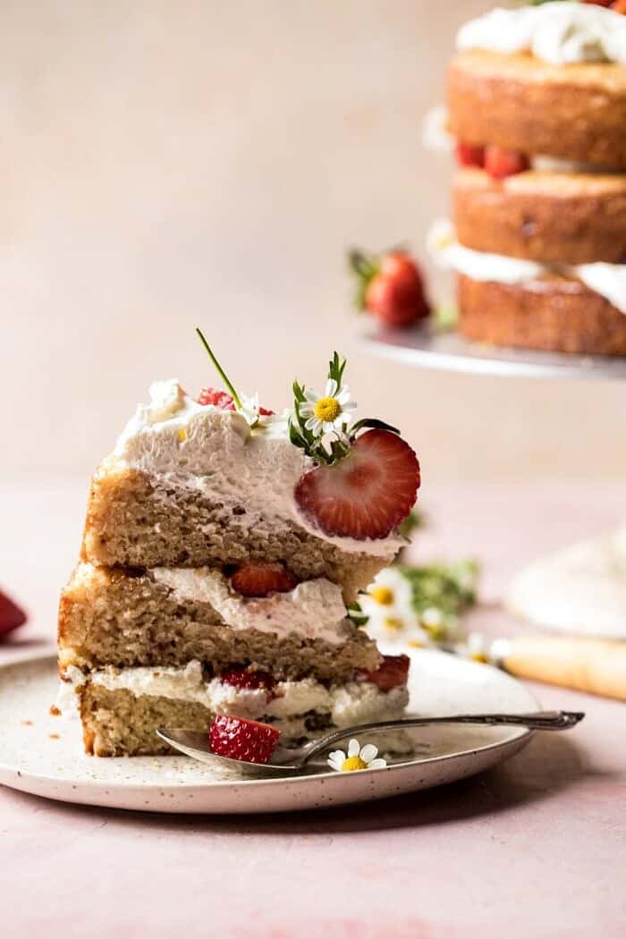 Strawberry Chamomile Naked Cake | halfbakedharvest.com #cake #spring #strawberry #recipes #easter