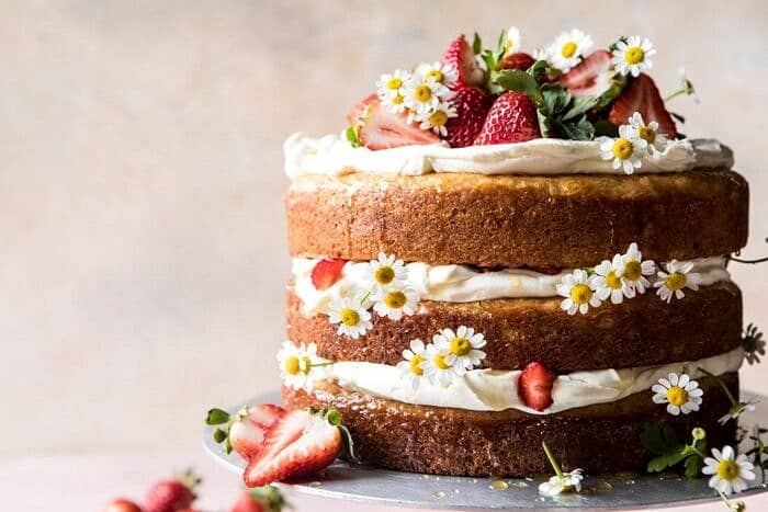 Strawberry Chamomile Naked Cake | halfbakedharvest.com #cake #spring #strawberry #recipes #easter