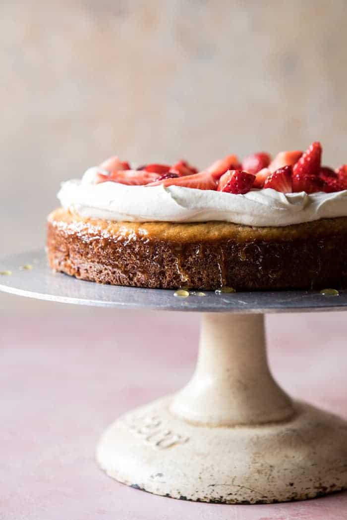 Strawberry Chamomile Naked Cake | halfbakedharvest.com #cake #spring #strawberry #recipes #easter